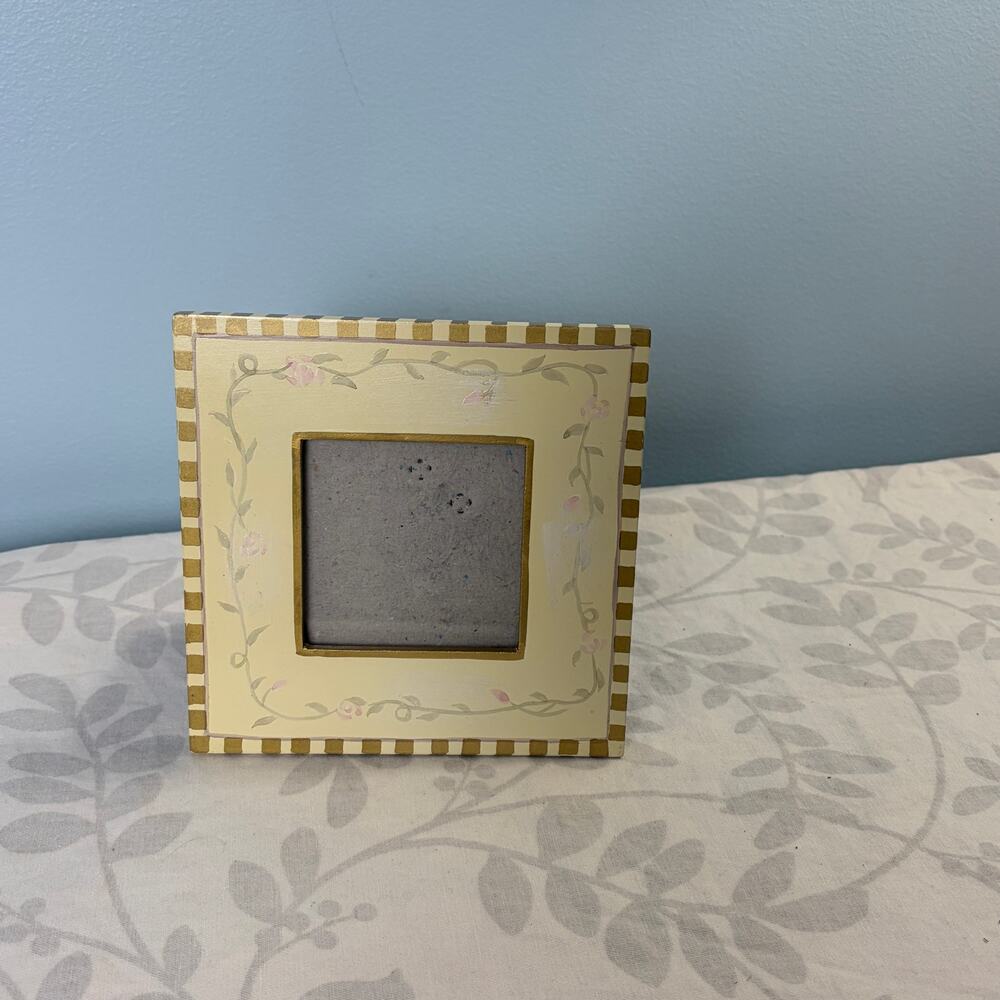 Hand Painted Floral Wood Picture Frame Cream Gold Pink flowers Cottage 3.5 x 3.5